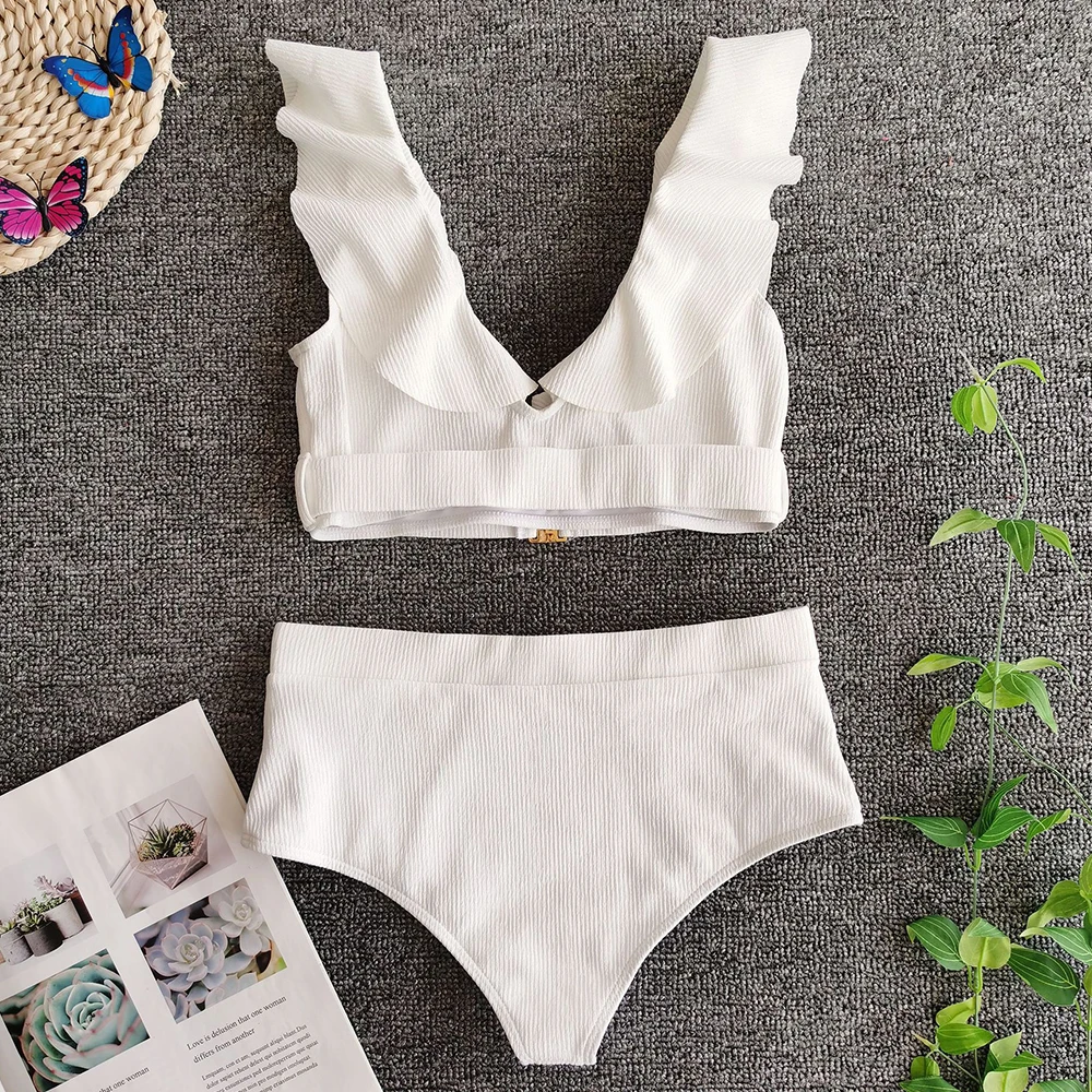 

Ruffle Bikini Set 2020 New High Waist Swimsuit Women Push Up Swimwear Female White Bathing Suits Summer Beach Wear Swimming Suit