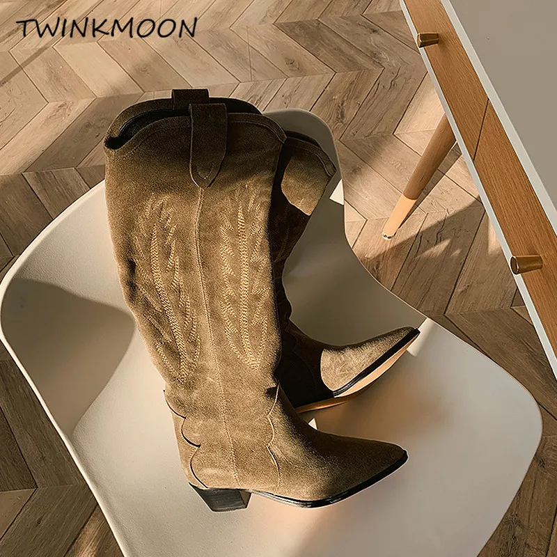 Замшевые женские высокие сапоги до колена с вышивкой осенне-зимняя обувь на