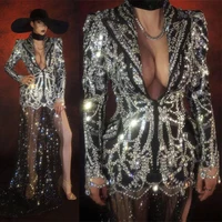 sparkly rhinestone suit with mesh trailing dress women deep v crystal coat wedding party birthday club prom costume stage outfit
