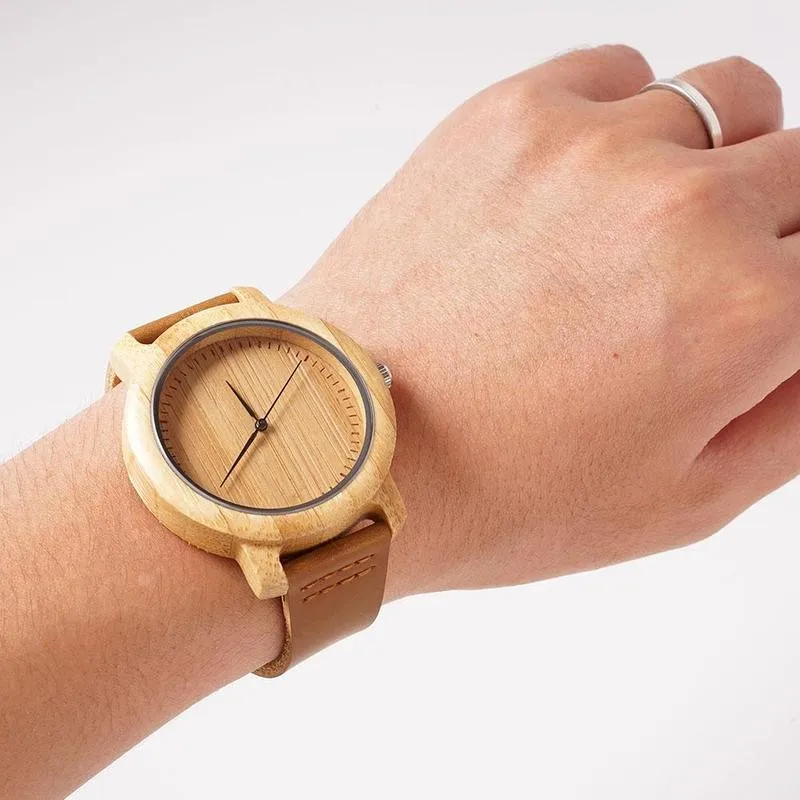 

1pc Bamboo Wood Watch New Leather Wooden Men's Watch Handmade Bamboo Novel Fashion Bangle Quartz Wrist Watch Reloj Hombre