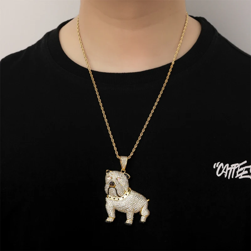 

MATHALLA Animal Pendant Fashion Bulldog Dog Pendant Necklace Ice Cube Colored Zircon Bling Gold Silver Men's Hip Hop Jewelry