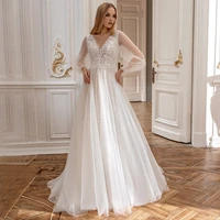 elegant long sleeve v neck wedding dresses 2021 lace appliques tulle button back a line bridal gown floor length sweep train