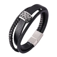 punk male jewelry accessories black multilayer braided leather bracelet men stainless steel magnet buckle leather bangle sp0446