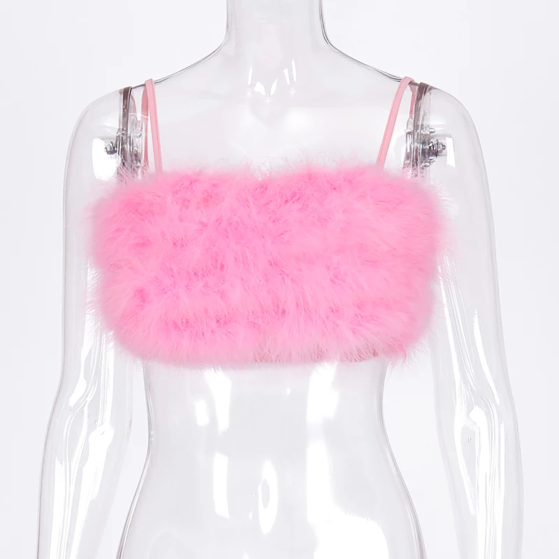 

Hugcitar 2021 fake fur patchwork sleeveless tube sexy crop tops autumn winter women pink streetwear pur outfits camis