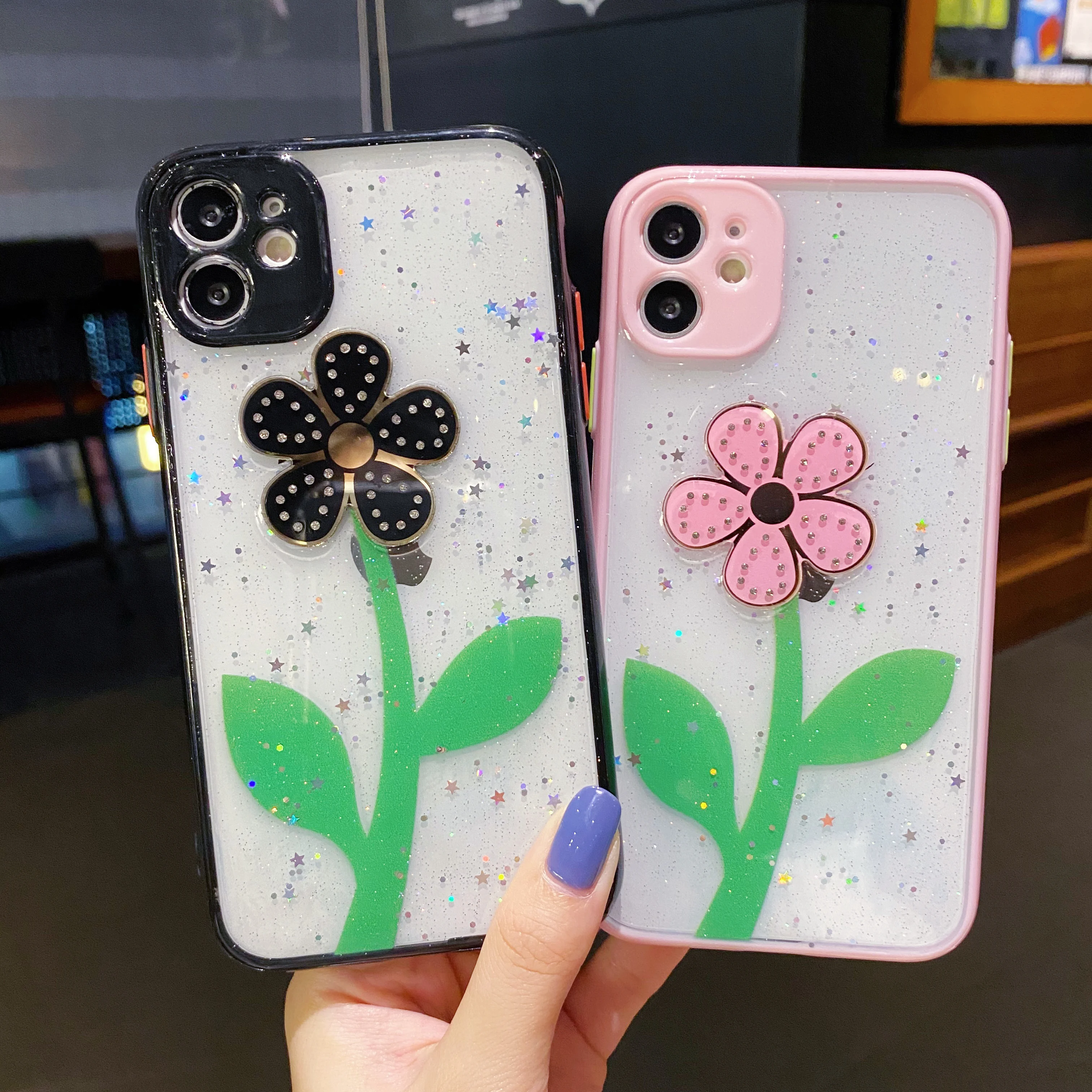 

New One Big Flower Star Glitter Silicone Case For iPhone 7 8 Plus XR XS 11 12 13 Pro Max Soft Epoxy TPU Clear Back Cover Shell