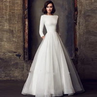 elegant satin wedding dresses for women three quater sleeves a line pockets vintage bride dress for women robe de mariee