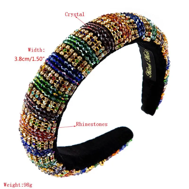

Baroque Jewelry Sponge Padded Bandana Shimmer Multicolored Rhinestone Striped Headband Crystal Beaded Chain Hair Hoop