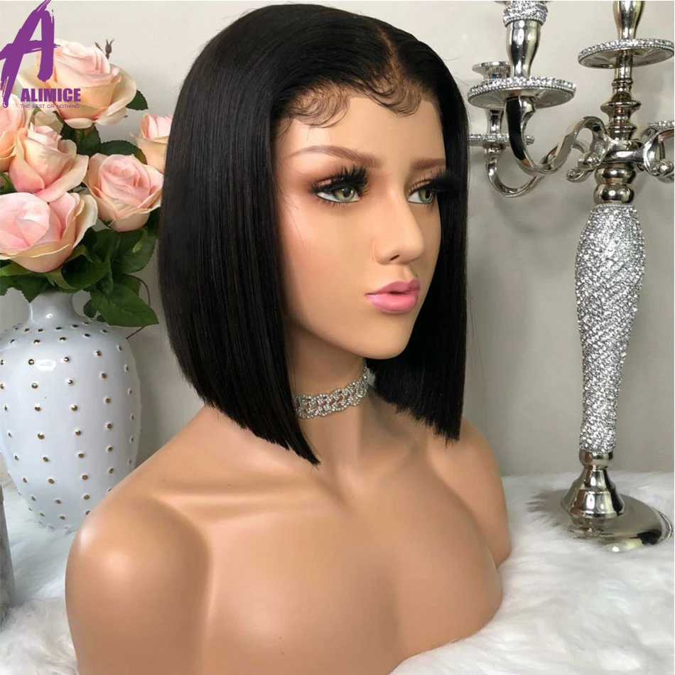 Alimice короткие человеческие волосы парики для женщин индийские 13x4 remy волосы на кружеве парики с предварительно выщипанные волосы тупым вырезом боб парики