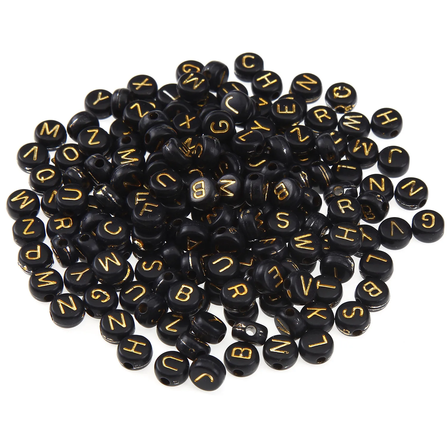 

100Pcs/Lot 7*4mm Horizontal Hole 2mm Initials Beads Acrylic Round Black Gold Letter Beads For DIY Making Necklace Name Bracelets