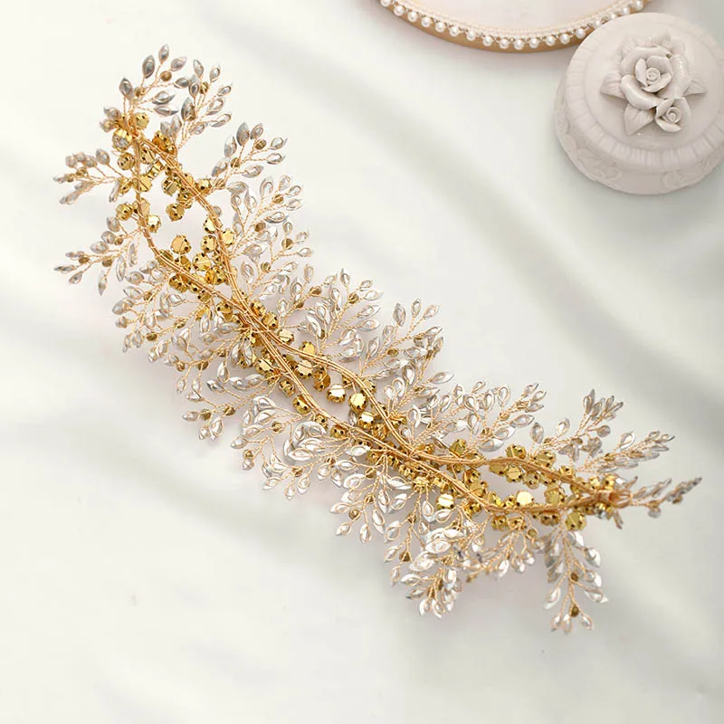 

Fashion Women Faux Rhinestone Gold Leaf Headband Hair Jewelry Handmade Bridal Tiaras Headpiece Wedding Hair Ornaments LXH