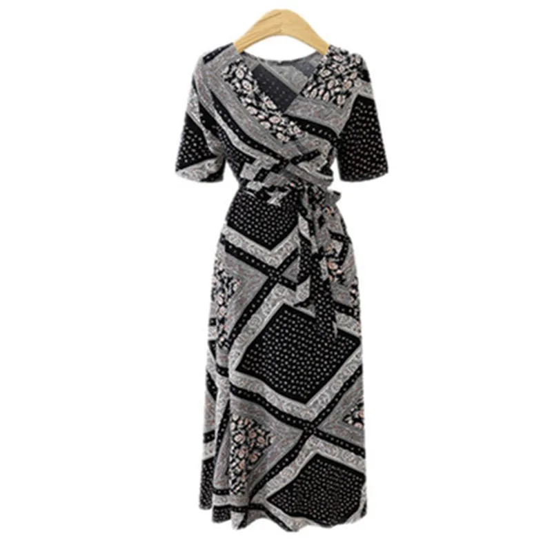 

Summer dress 2021 new fashion print tie dress plus size women's dress long short sleeve dress