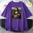 Женские топы с принтом кошки Моны Лизы и знаменитой картины, летние свободные топы, футболки с круглым вырезом, модные стильные женские футболки
