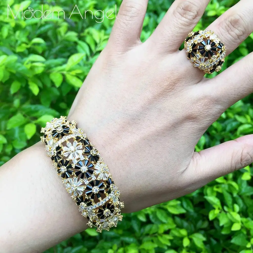 ModemAngel Модный черный браслет из кубического циркония кольцо набор модный багет