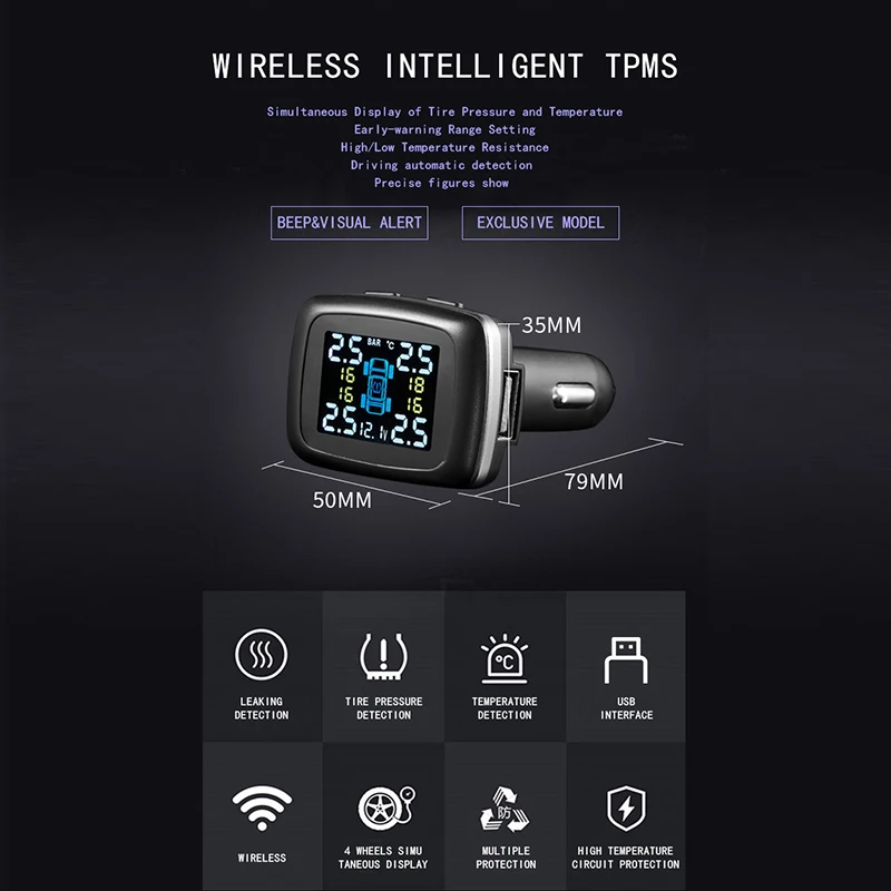 

Car Tire Pressure Monitoring System TPMS Real-time Digital Display 4 Sensors C66