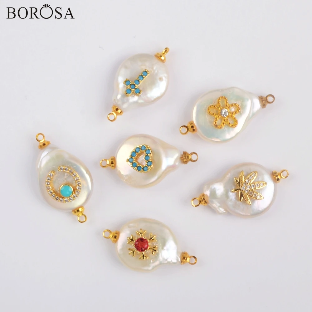 BOROSA 10 шт. натуральный жемчуг с мульти CZ проложенный разъем Пресноводный Жемчуг Двойные подвески и Радуга CZ ювелирных изделий G1903