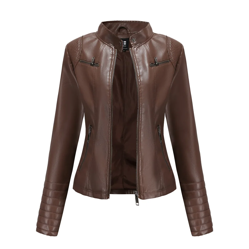 Autumn Casual leather jacket  Fall 2020 women  motor biker coat Black Coffee Red outwear PU streetwear