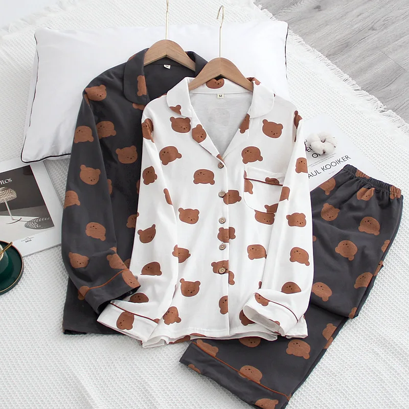 

Couple's Cute bear 100% brushed cotton pajama sets Autumn Casual fashion animal sleepwear pijamas men's and women's homewear