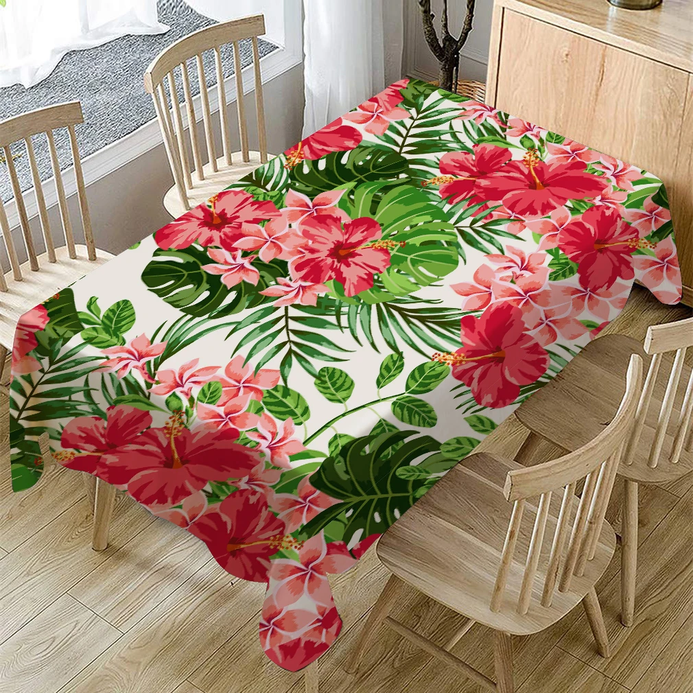 

Tropical Plant Floral Tablecloth Dust-Proof Pink Flower Green Leaves Table Cloth Watercolor Monstera Table Cover Home Picnic Mat