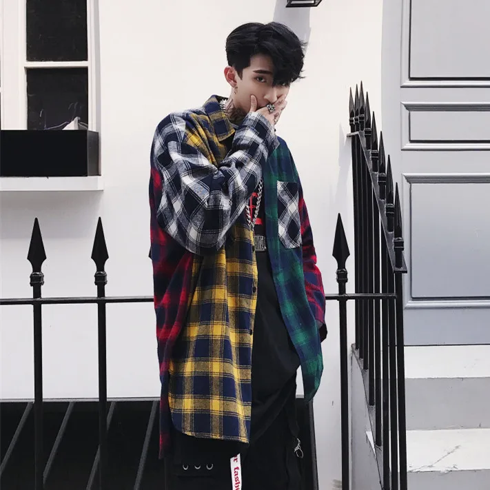 Стильная одежда в стиле хип-хоп весна-осень 2019 унисекс Лоскутная рубашка клетку