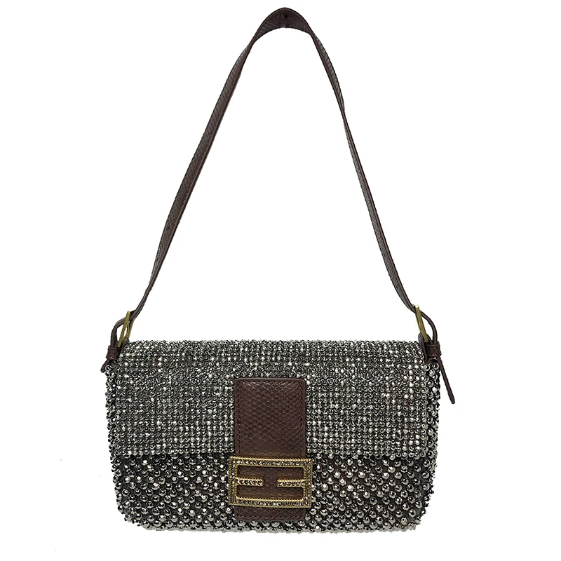 

Diamond Bead One-shoulder Bag Mini Retro Vintage Lady Handbags Women Luxury Design Underarm Baguette Shape Bag Dropship
