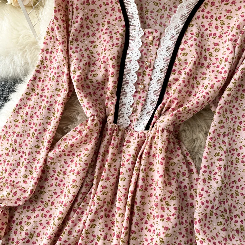 

Women Spring Fashion Floral Print A-Line Midi Party Dresses French Style Lace Spliced V-Neck Long Sleeve Vintage Dress