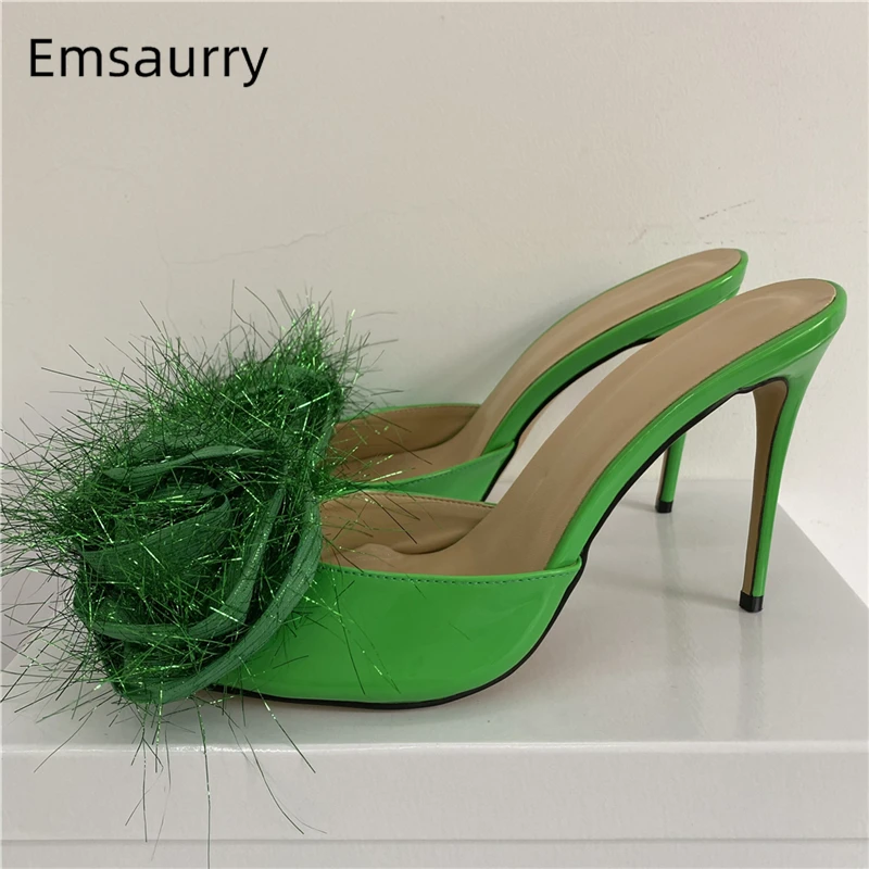 

Handmade Bling Plush Flower Party Shoes Woman Stiletto Heel Slingbacks Peep Toe Patent Leather Summer Sandals Women