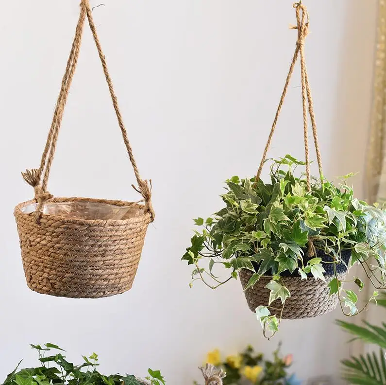 Сад соломы подвесная корзина из ротанга хлорофитум для подружек невесты, Fowerpot открытый пасторальные украшения ремесла украшение для домашнего балкона