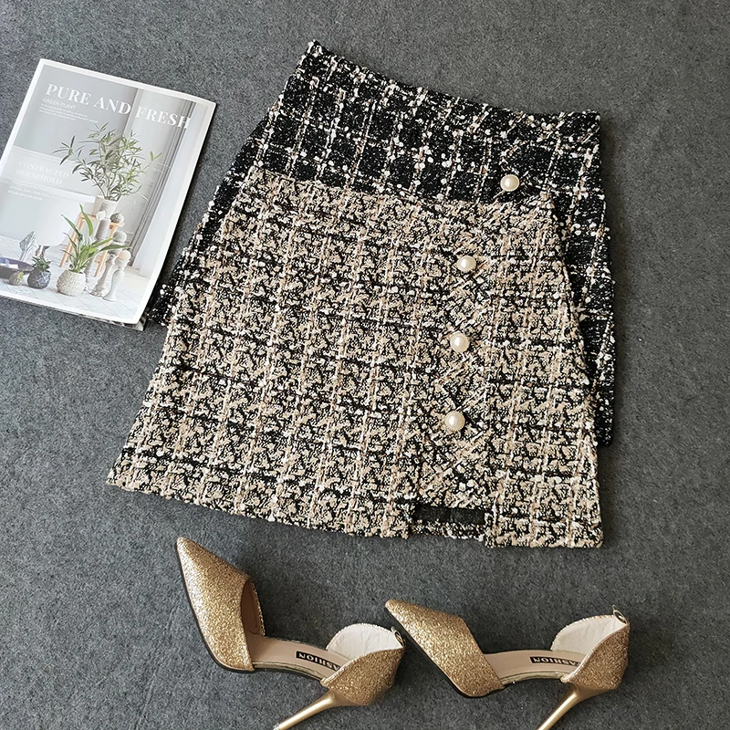 

2021 Vintage Women Plaid Skirts Autumn Winter Elegant Woman Single-Breasted Short Mini Skirt High Waist Female A-line Skirt