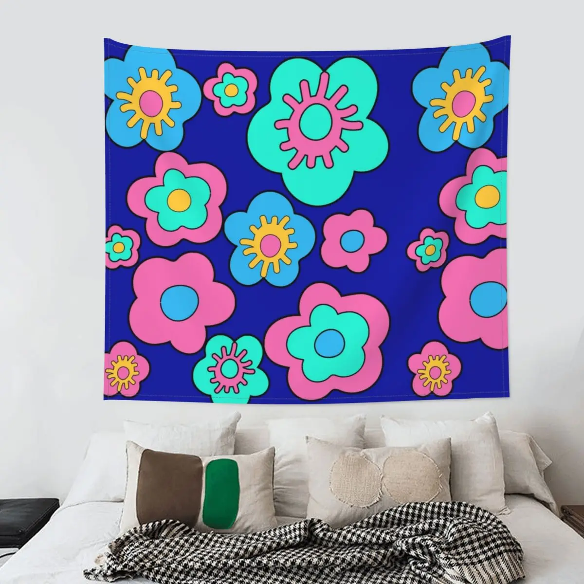 

Hippie Groovy Flowers Blue Green Pink Tapestry Wall Hanging Printed Fabric Tapestry Floral Art Throw Rug Blanket Room Decor