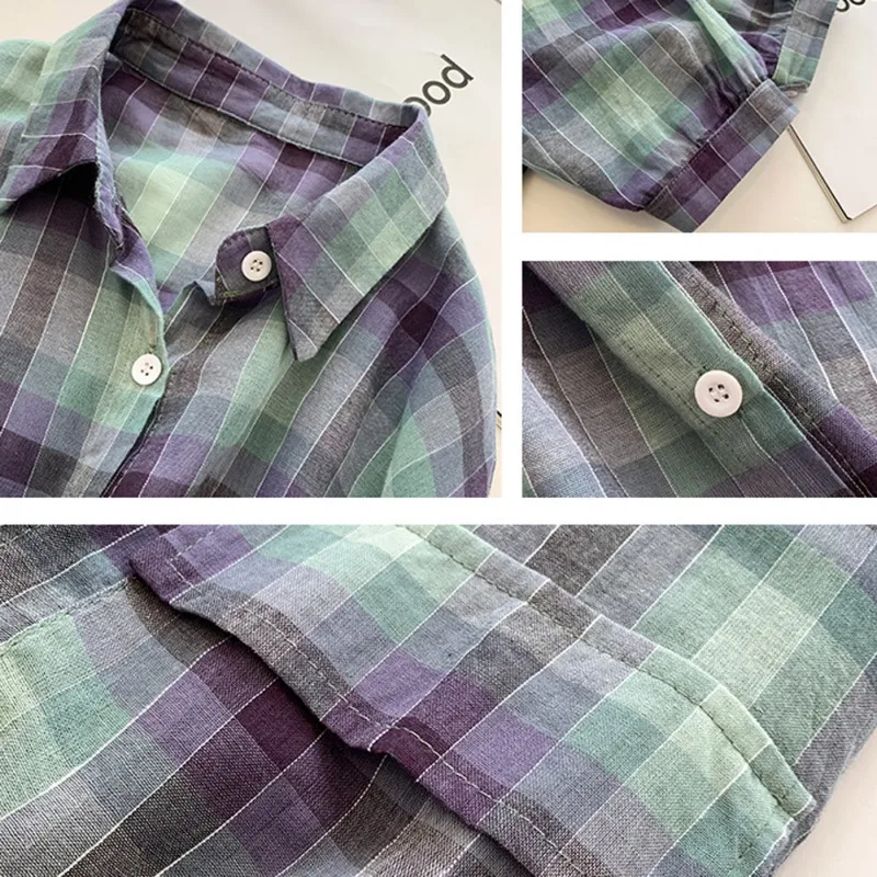 

Women Vintage Plaid Print Lapel Shirt Loose Single-breasted Long Sleeve Sun Protection Blouse M-4XL