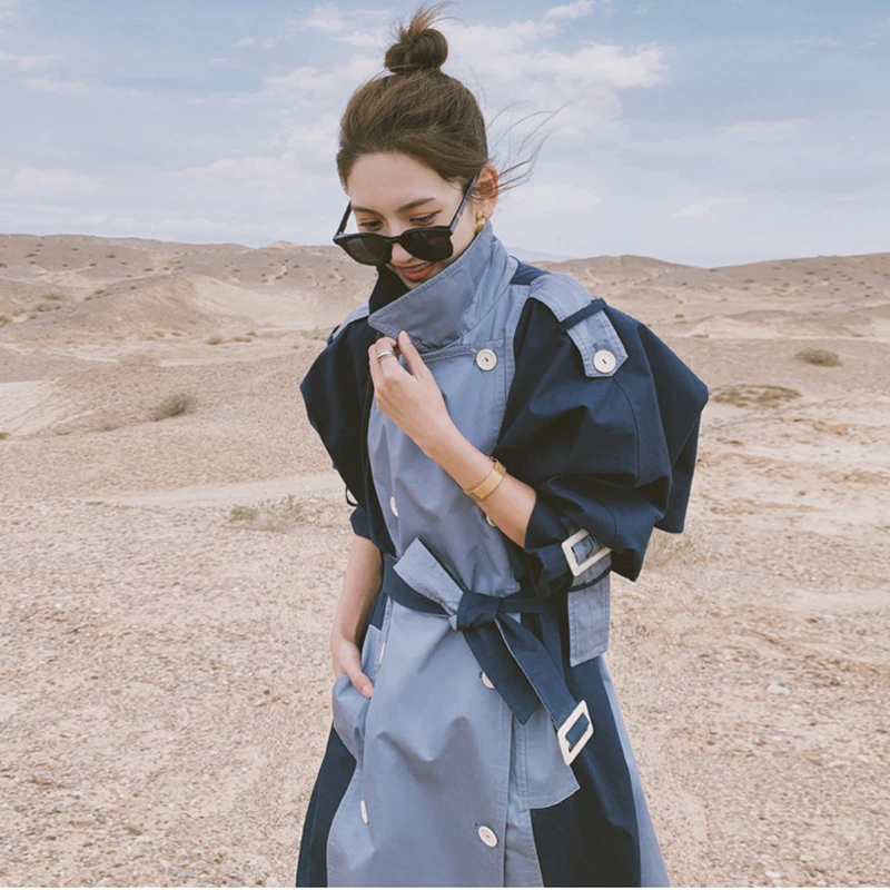

LANMREM 2021 autumn Korean style fashion contrast color double-breasted turn-down collar Women's long loose windbreaker 2A742