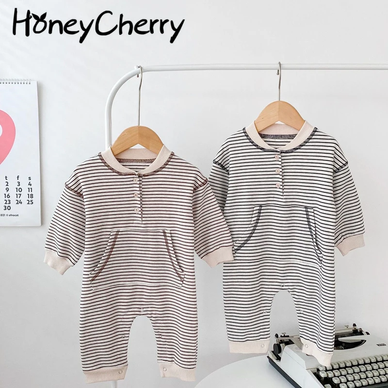 

2021 осенний Детский комбинезон в полоску с карманами и длинными рукавами для маленьких мальчиков и девочек; Одежда для альпинизма; Детский к...