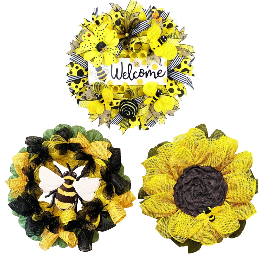 

Bee Welcome Wreath Artificial Silk Ribbon Bee Sunflower Garland Bee Our Guest Door Window Hanging Pendant Wreath
