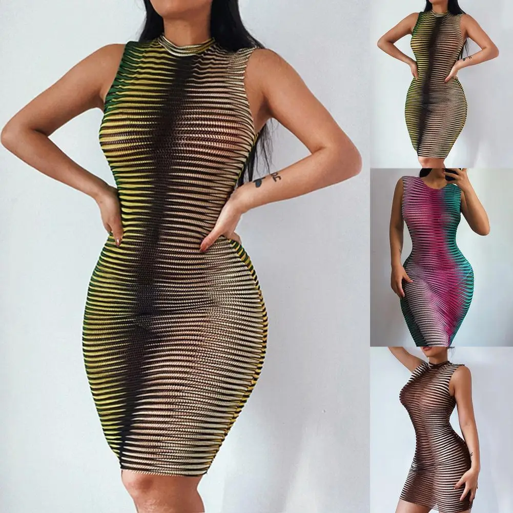 

2021 Hot Sale Bodycon Dress Printed Hollow Out Women Round Neck Sleeveless Vest Dress for Club