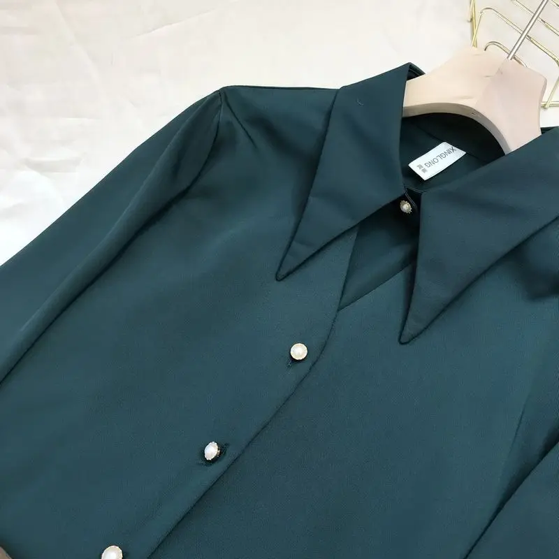 

2020 Spring Korean Style Long Sleeve Lapel Silk Chiffon Shirt Women's Temperament Beaded Blouse Shirts Office Ladies Tops Blusa