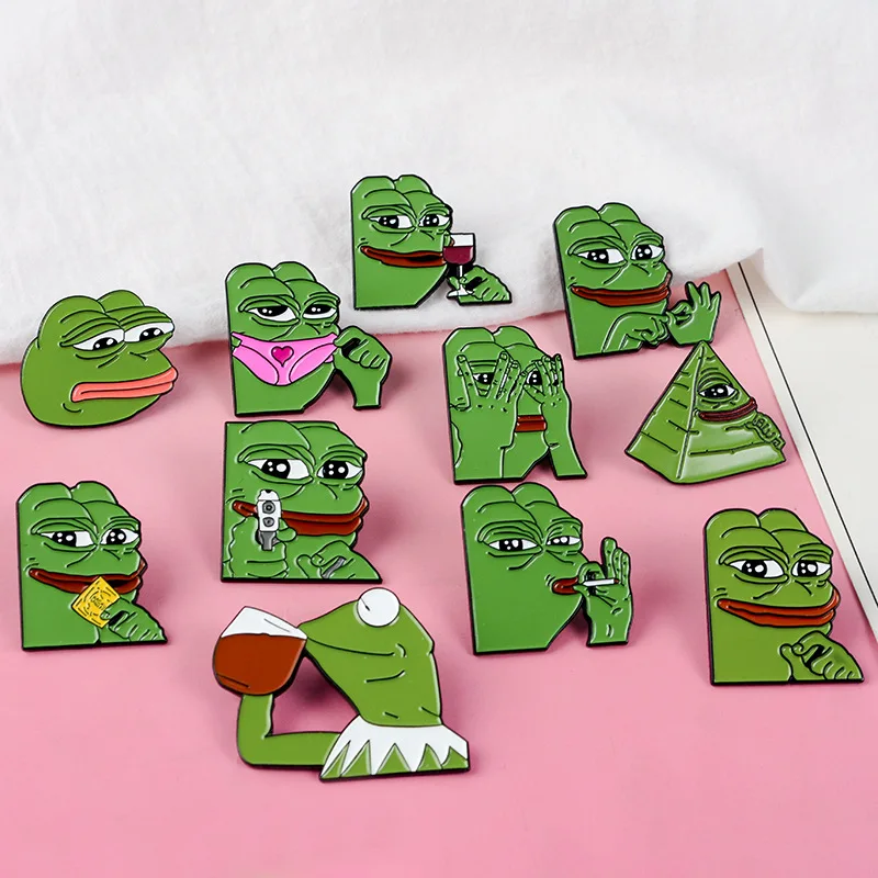 Humor Cute Pepe The Frog Meme Enamel Pins Shoot Pyramid Thinking Drinking Funny Animal Brooches Badge Jewelry Gifts for Friends |