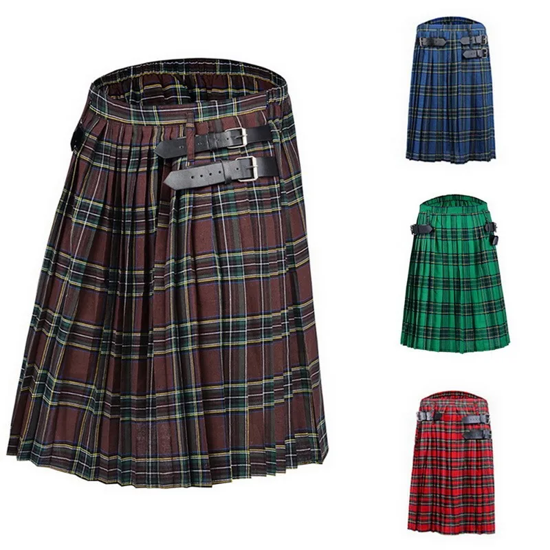 

Mens Kilt Traditional Plaid Belt Pleated Bilateral Chain Brown Gothic Punk Scottish Tartan Trousers Skirts