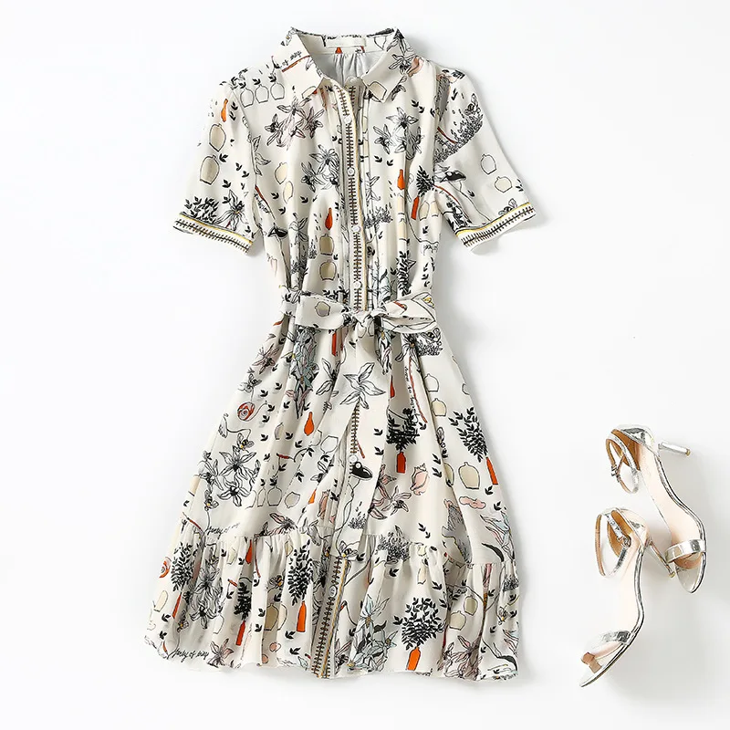 

73194 Summer New Women's Dress Small Fresh Printed Silk Dress Short Sleeve Lace Up Young Shirt Skirt