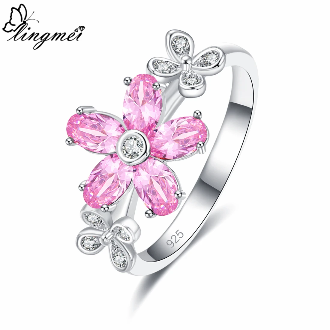 Женское кольцо с цветочным рисунком серебряного цвета красным цирконом размер 6 9