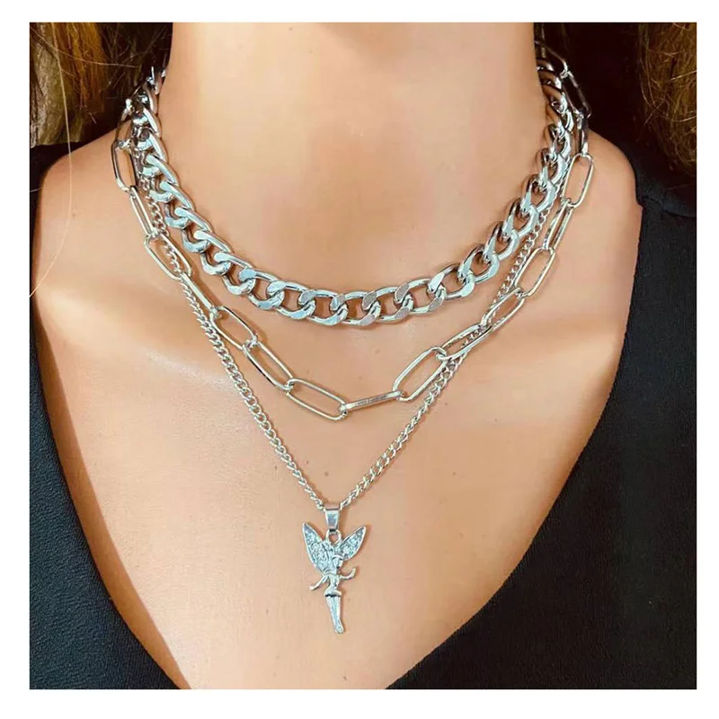 

Fashion Vintage Silver Angel Little Girl Pendant Necklace Women Multilayer Thick Chain Necklace Jewelry Best Gift For Lady Girl