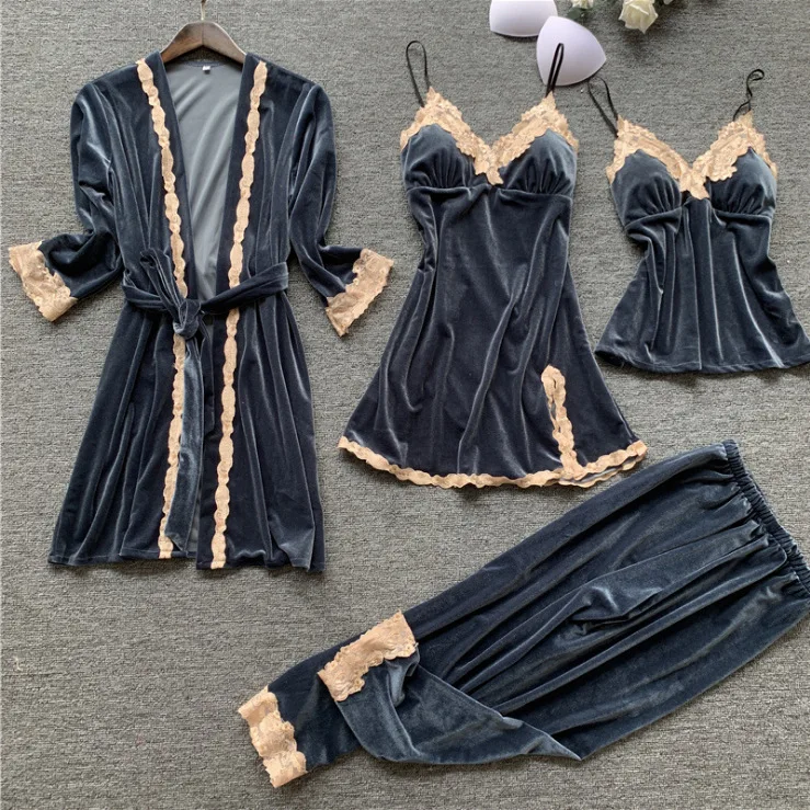 Lace Sexy Homewear Sleep Set Female Velour Long Sleeve Home Clothing Pajamas Suit Nightwear Pijamas Casual Sleepwear | Женская одежда