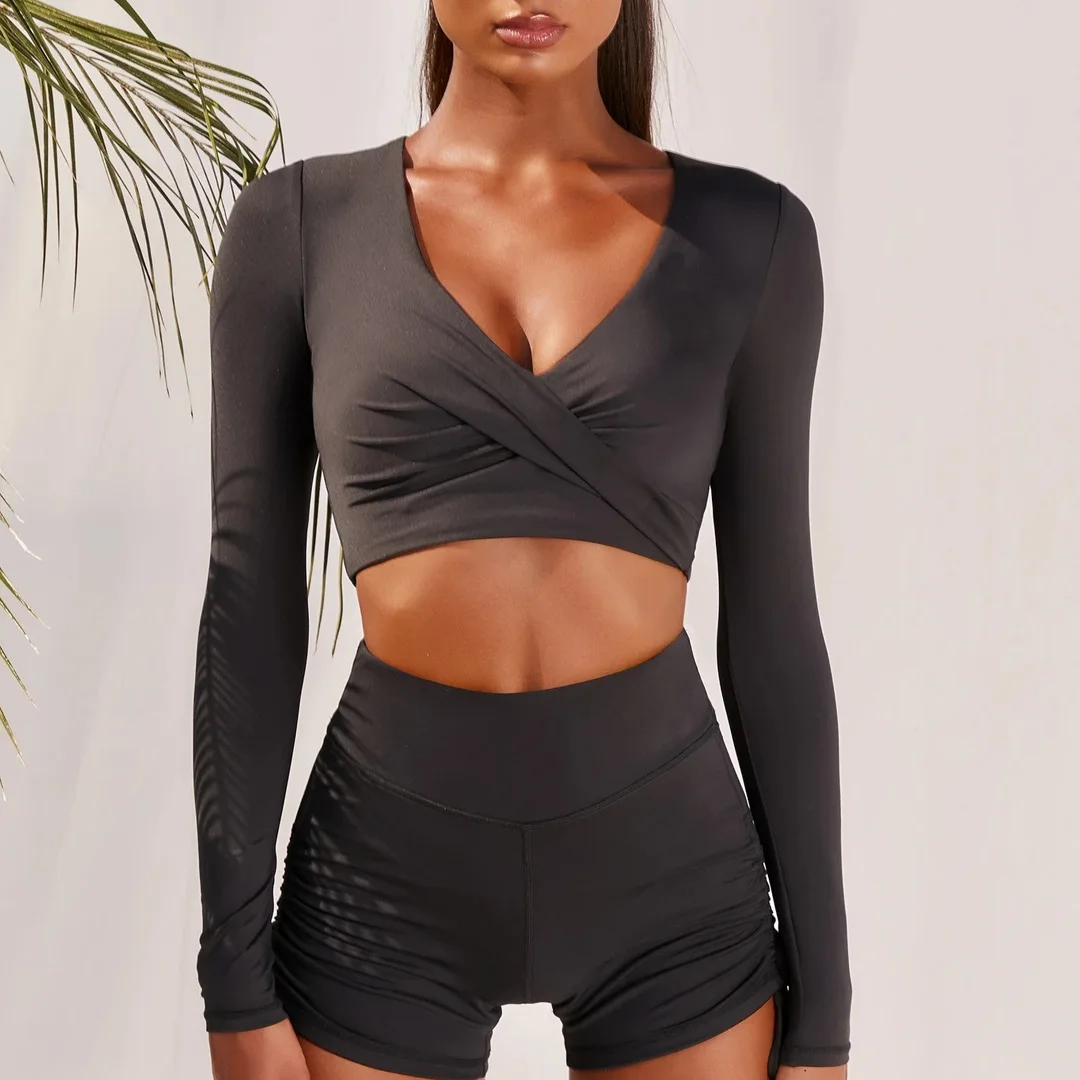 

Short Trousers Sport Bra Fitness Women Sports Set V-Neck Women Yoga Set Crop Top Clothes Drawstring Skinny Solid Tracksuit Women