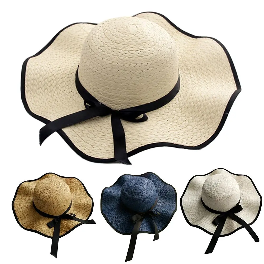 

Women Bowknot Straw Weave Wavy Wide Brim Sunscreen Outdoor Beach Sunhat Cap Hat Anti Uv cap girls Sun Hat Panama Hat