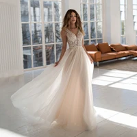 summer beach boho a line wedding dresses illusion v neck backless applique lace top tulle floor length custom made bridal gowns