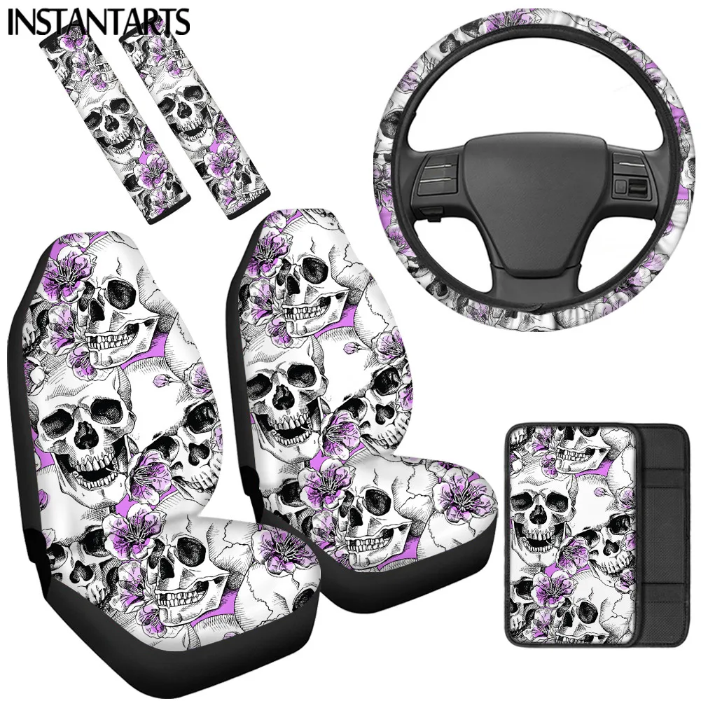 

INSTANTARTS Rose Sugar Skull Pattern Easy Clean Seat Covers Seatbelt Covers Soft Steering Wheel Protector Car Console Cover New