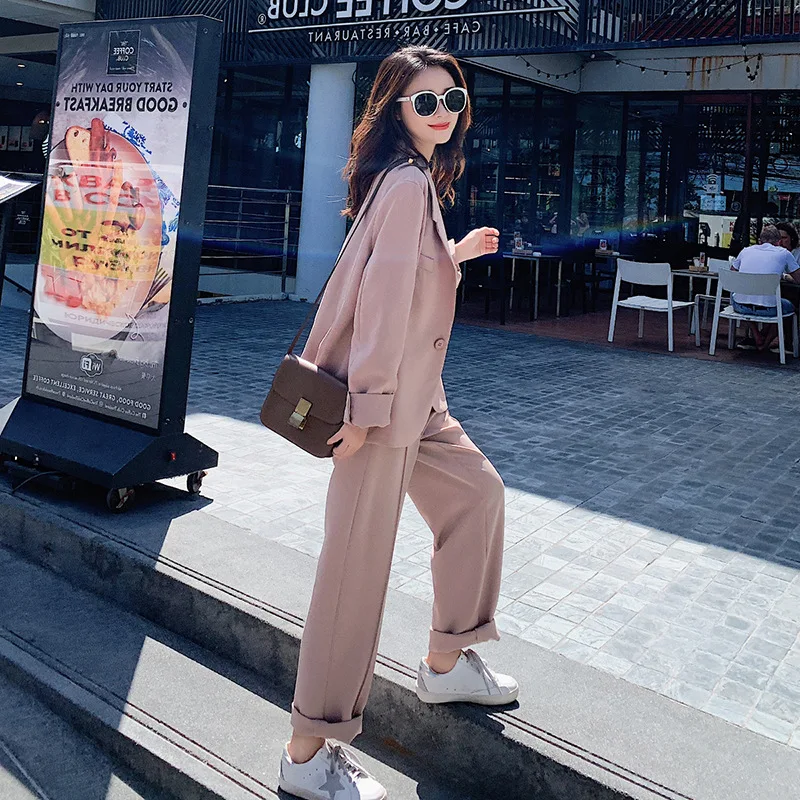 Women's suit 2019 autumn and winter new casual fashion temperament loose wild color single buckle two women's sets |