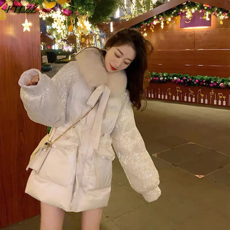 

FTLZZ Winter Large Natural Fur Collar Feather Jacket Women White Duck Down Coat Splicing Sequin Thick Outwear Waist Retractable