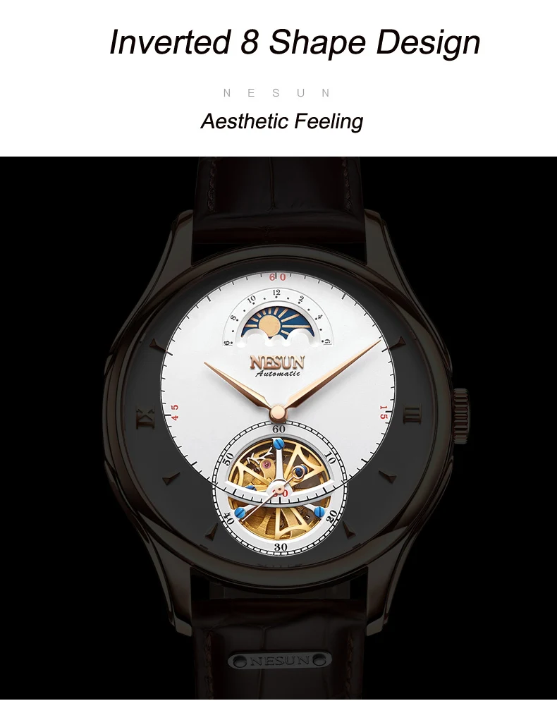 Nesun Tourbillion автоматические механические мужские часы с скелетом, роскошные Брендовые мужские часы, водонепроницаемые мужские часы, N9038-4