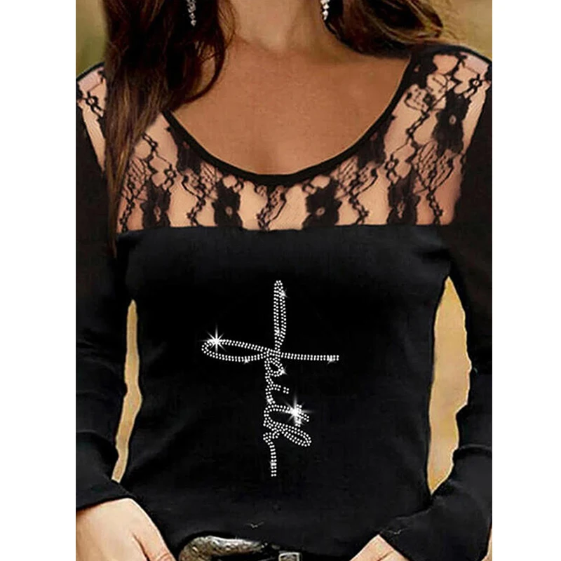 

Женская футболка с длинным рукавом, Повседневная однотонная черная офисная футболка с круглым вырезом и принтом, Y2K, весна 2022