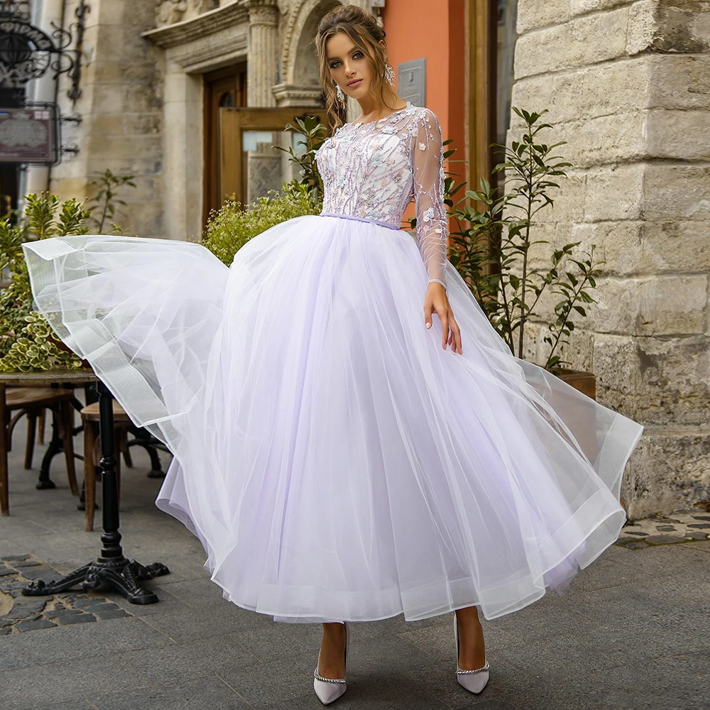 

Charming Tea Length Evening Dress 2021 Tulle Scoop Neck Appliques Lace Beading Long Sleeveless Party Prom Gowns